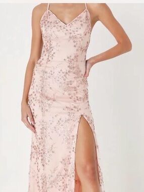 Lulu's Blush Pink Sequined Floral Spaghetti-Strap Formal Dress XS